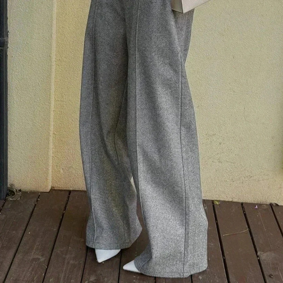 Grey Women's Straight Woolen Casual Pants Loose Trousers - Picture 2 of 7
